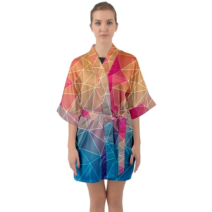 Multicolored Geometric Origami Idea Pattern Half Sleeve Satin Kimono 