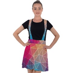 Multicolored Geometric Origami Idea Pattern Velvet Suspender Skater Skirt