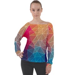 Multicolored Geometric Origami Idea Pattern Off Shoulder Long Sleeve Velour Top by Jancukart