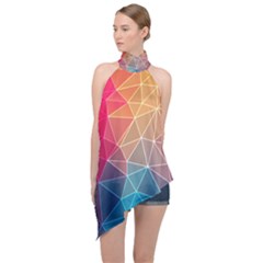 Multicolored Geometric Origami Idea Pattern Halter Asymmetric Satin Top