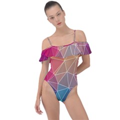 Multicolored Geometric Origami Idea Pattern Frill Detail One Piece Swimsuit by Jancukart