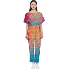 Multicolored Geometric Origami Idea Pattern Batwing Lightweight Chiffon Jumpsuit by Jancukart