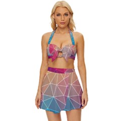 Multicolored Geometric Origami Idea Pattern Vintage Style Bikini Top And Skirt Set 