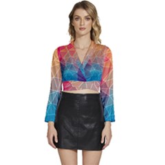 Multicolored Geometric Origami Idea Pattern Long Sleeve Tie Back Satin Wrap Top