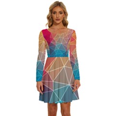 Multicolored Geometric Origami Idea Pattern Long Sleeve Wide Neck Velvet Dress by Jancukart