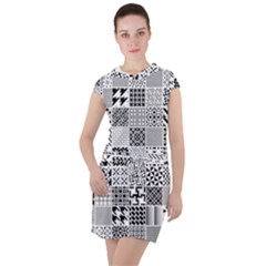 Black And White Geometric Patterns Drawstring Hooded Dress