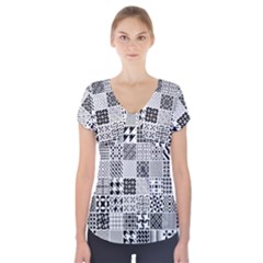 Black And White Geometric Patterns Short Sleeve Front Detail Top