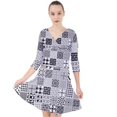 Black And White Geometric Patterns Quarter Sleeve Front Wrap Dress