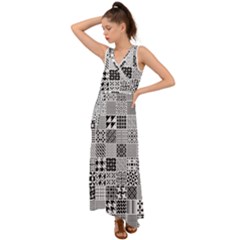 Black And White Geometric Patterns V-neck Chiffon Maxi Dress