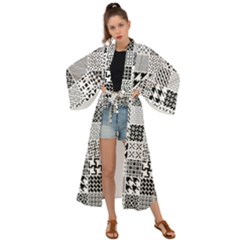 Black And White Geometric Patterns Maxi Kimono by Jancukart