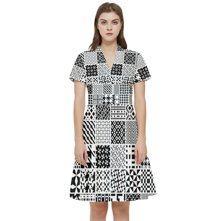 Black And White Geometric Patterns Short Sleeve Waist Detail Dress