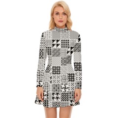 Black And White Geometric Patterns Long Sleeve Velour Longline Dress