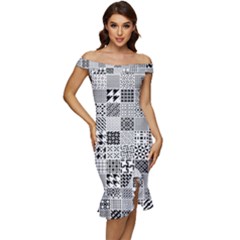 Black And White Geometric Patterns Off Shoulder Ruffle Split Hem Bodycon Dress