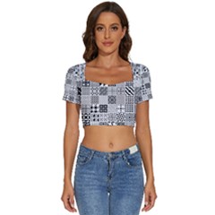 Black And White Geometric Patterns Short Sleeve Square Neckline Crop Top 