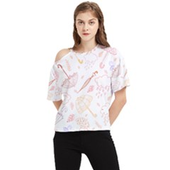 Weather Umbrella Rain Cloud Seamless Doodle Pattern One Shoulder Cut Out Tee