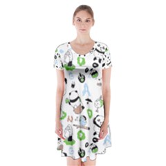 Giant Panda Bear Pattern Short Sleeve V-neck Flare Dress