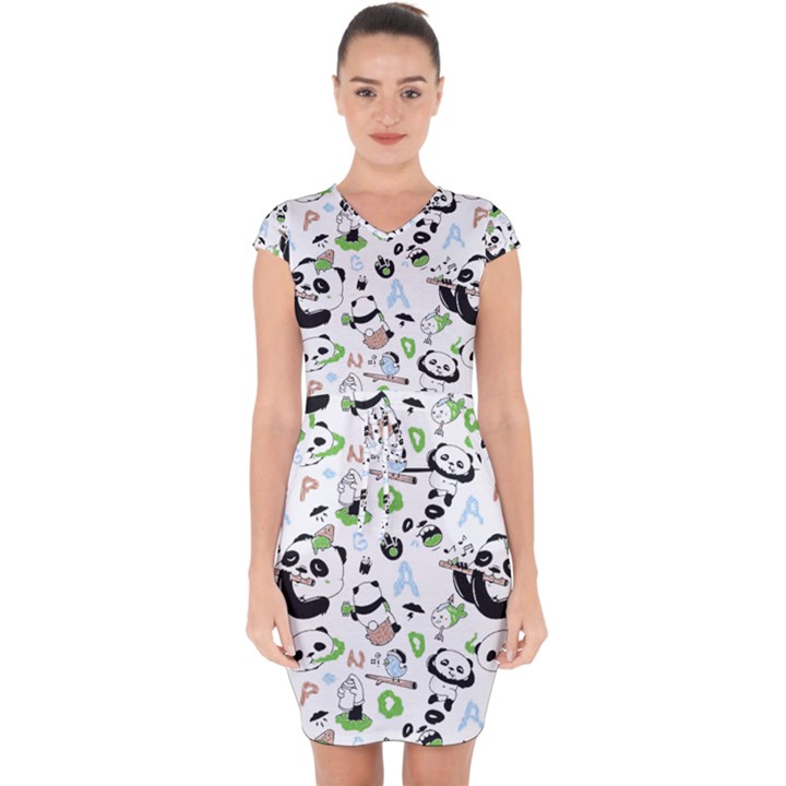 Giant Panda Bear Pattern Capsleeve Drawstring Dress 