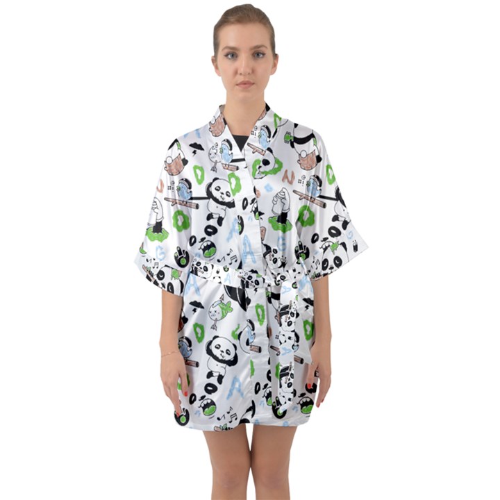 Giant Panda Bear Pattern Half Sleeve Satin Kimono 