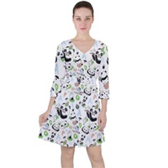 Giant Panda Bear Pattern Quarter Sleeve Ruffle Waist Dress