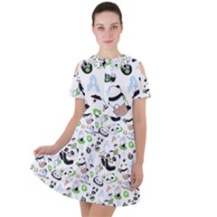 Giant Panda Bear Pattern Short Sleeve Shoulder Cut Out Dress 