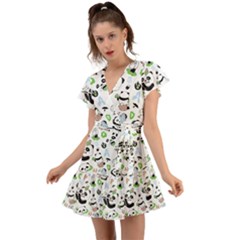 Giant Panda Bear Pattern Flutter Sleeve Wrap Dress