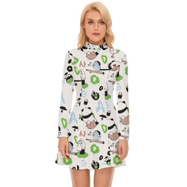 Giant Panda Bear Pattern Long Sleeve Velour Longline Dress