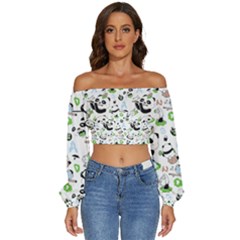 Giant Panda Bear Pattern Long Sleeve Crinkled Weave Crop Top