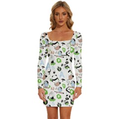 Giant Panda Bear Pattern Long Sleeve Square Neck Bodycon Velvet Dress by Jancukart