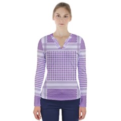 Square Purple Pattern Bead Purple Keffiyeh Purple Geometric Headdress Angle Violet Rectangle V-neck Long Sleeve Top by Jancukart