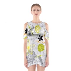 Doodle Flowers Hand Drawing Pattern Shoulder Cutout One Piece Dress