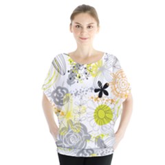 Doodle Flowers Hand Drawing Pattern Batwing Chiffon Blouse