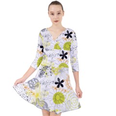 Doodle Flowers Hand Drawing Pattern Quarter Sleeve Front Wrap Dress