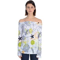 Doodle Flowers Hand Drawing Pattern Off Shoulder Long Sleeve Top