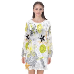 Doodle Flowers Hand Drawing Pattern Long Sleeve Chiffon Shift Dress 