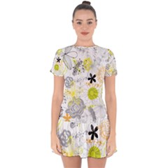 Doodle Flowers Hand Drawing Pattern Drop Hem Mini Chiffon Dress