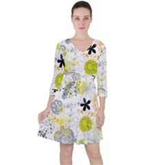 Doodle Flowers Hand Drawing Pattern Quarter Sleeve Ruffle Waist Dress