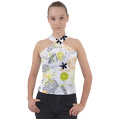 Doodle Flowers Hand Drawing Pattern Cross Neck Velour Top