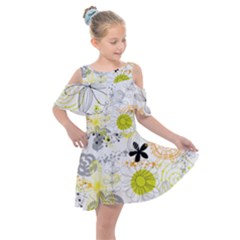 Doodle Flowers Hand Drawing Pattern Kids  Shoulder Cutout Chiffon Dress