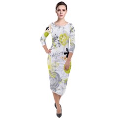 Doodle Flowers Hand Drawing Pattern Quarter Sleeve Midi Velour Bodycon Dress