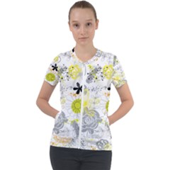 Doodle Flowers Hand Drawing Pattern Short Sleeve Zip Up Jacket