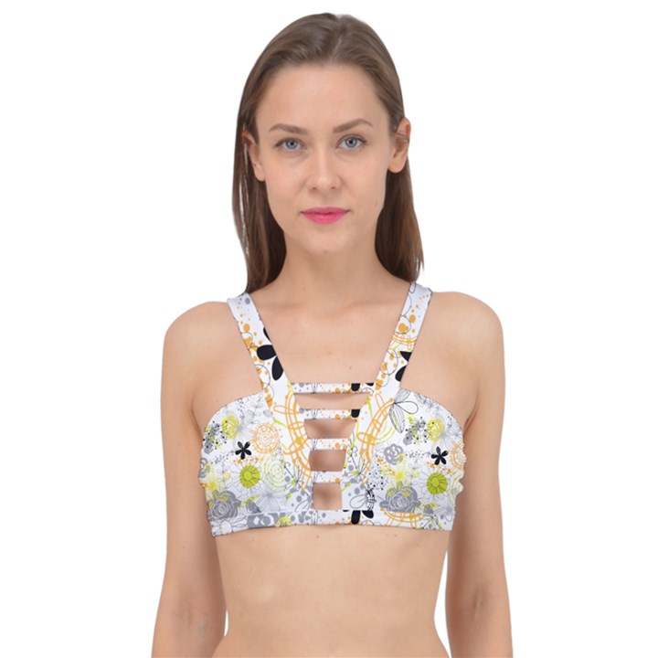 Doodle Flowers Hand Drawing Pattern Cage Up Bikini Top