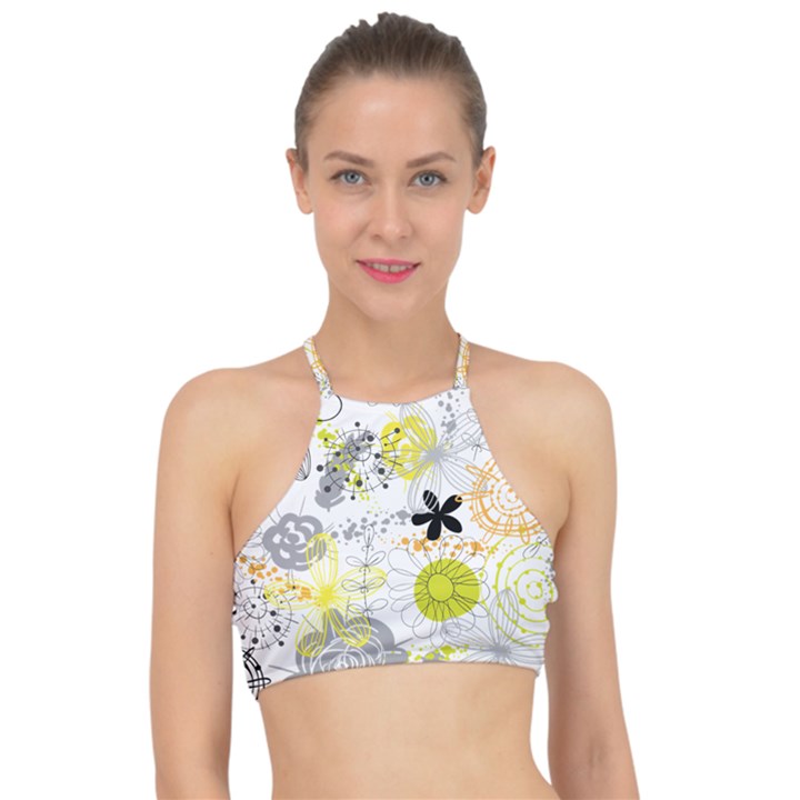 Doodle Flowers Hand Drawing Pattern Racer Front Bikini Top