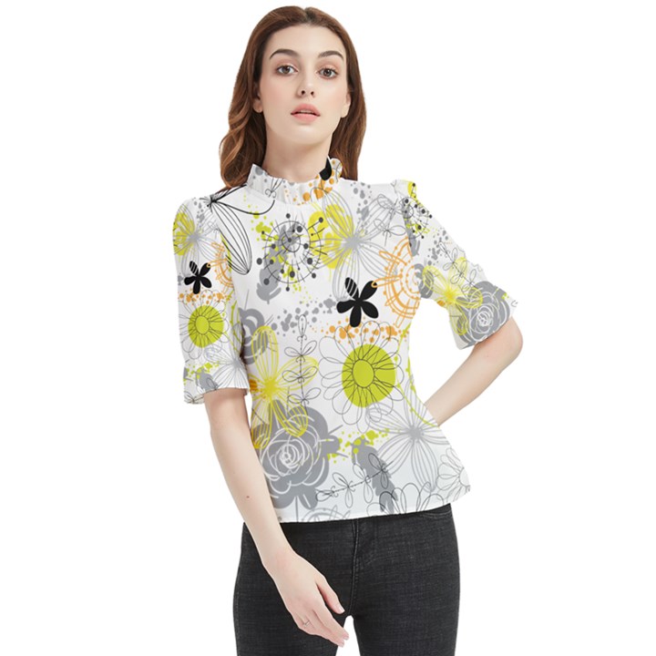 Doodle Flowers Hand Drawing Pattern Frill Neck Blouse