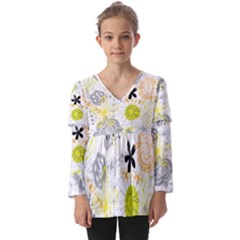 Doodle Flowers Hand Drawing Pattern Kids  V Neck Casual Top