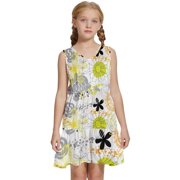 Doodle Flowers Hand Drawing Pattern Kids  Sleeveless Tiered Mini Dress