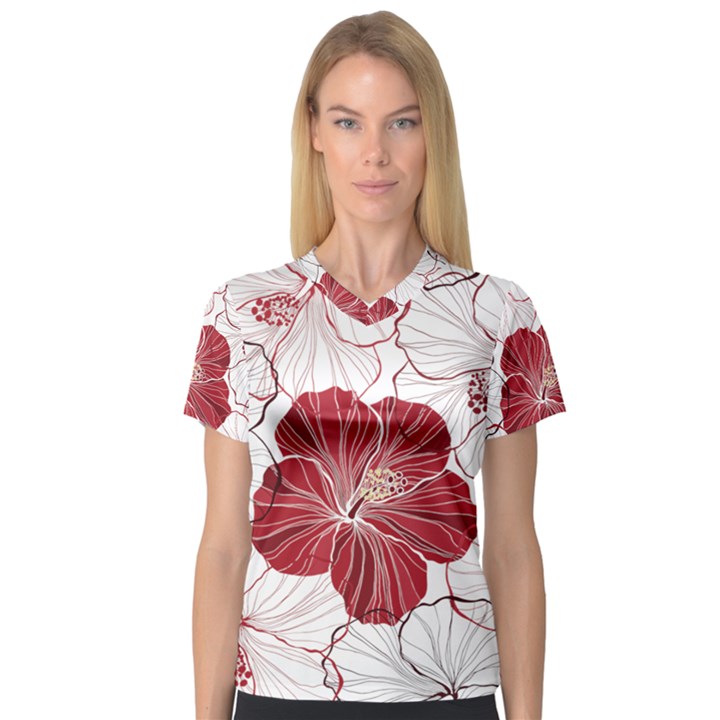 Red Hibiscus Flowers Art V-Neck Sport Mesh Tee