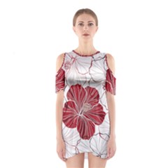 Red Hibiscus Flowers Art Shoulder Cutout One Piece Dress