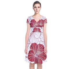 Red Hibiscus Flowers Art Short Sleeve Front Wrap Dress