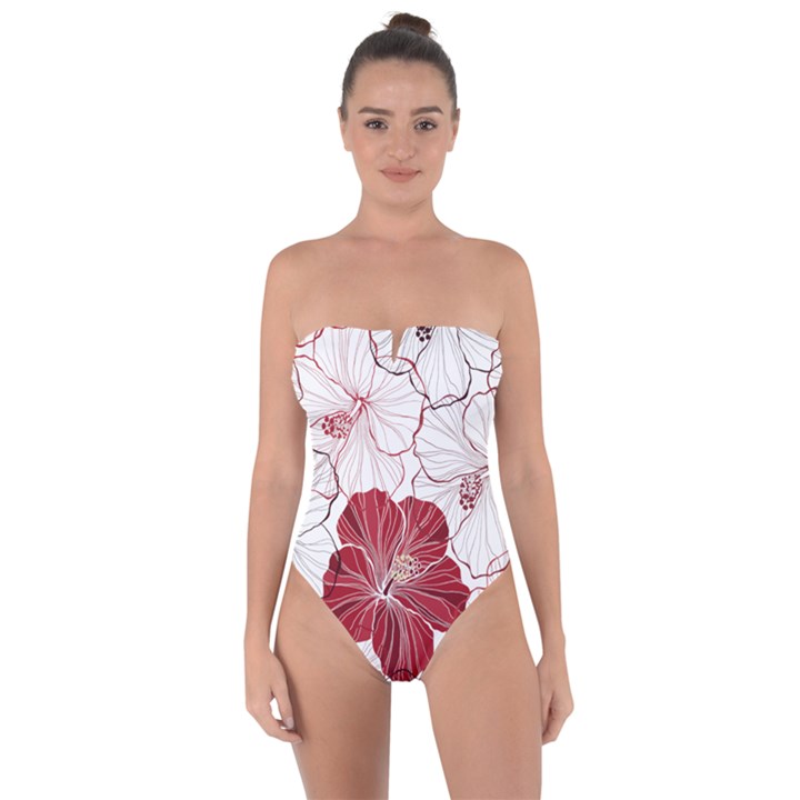 Red Hibiscus Flowers Art Tie Back One Piece Swimsuit