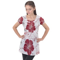 Red Hibiscus Flowers Art Puff Sleeve Tunic Top by Jancukart